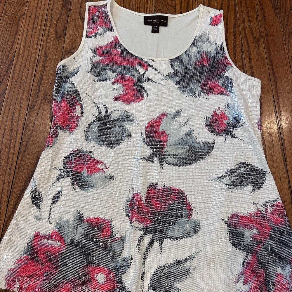 Dana Buchman White and Red Floral Sequin Tank Top